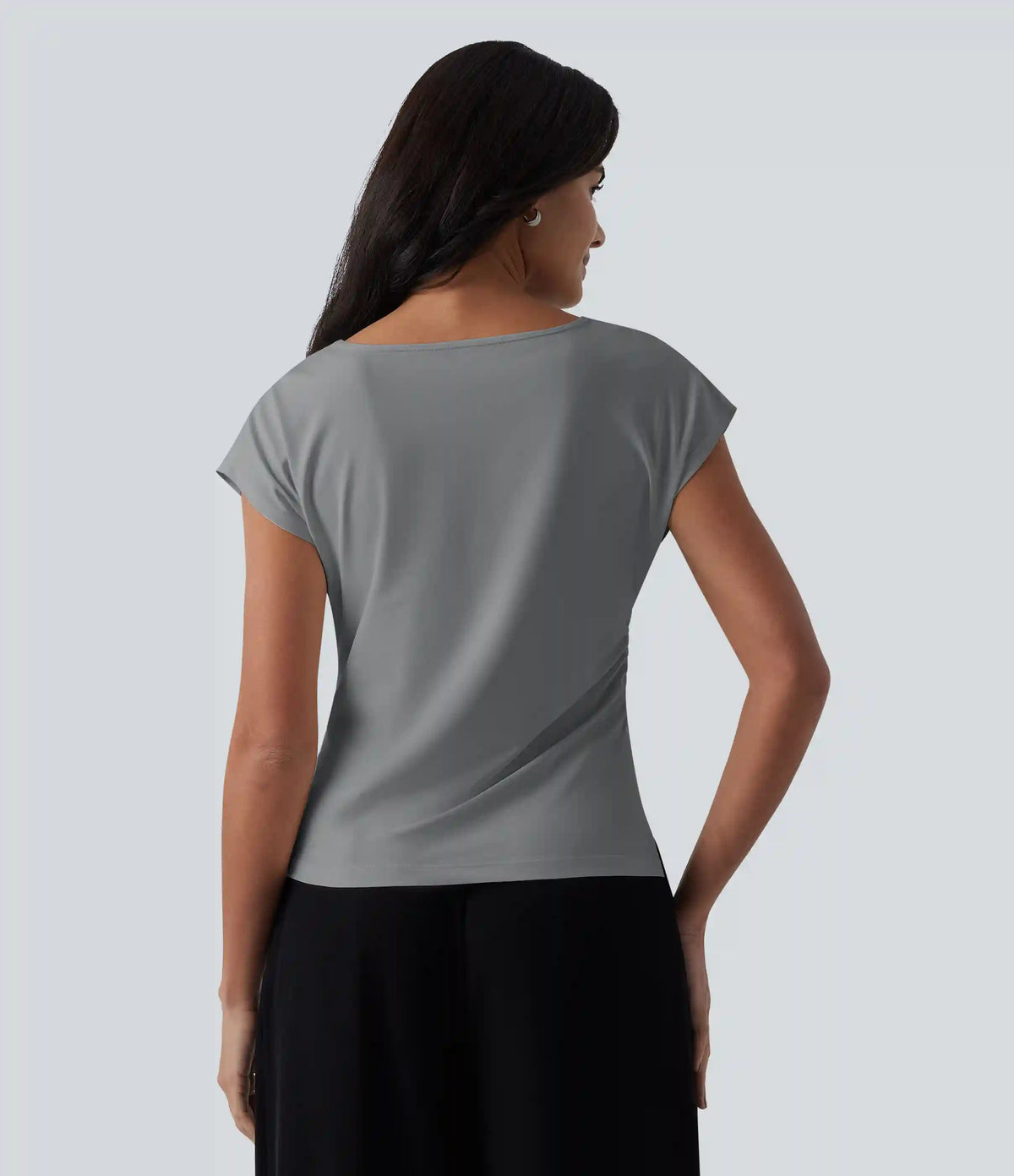 Asymmetric Cowl Neck Short Sleeve Ruched Split Hem Work Blouse