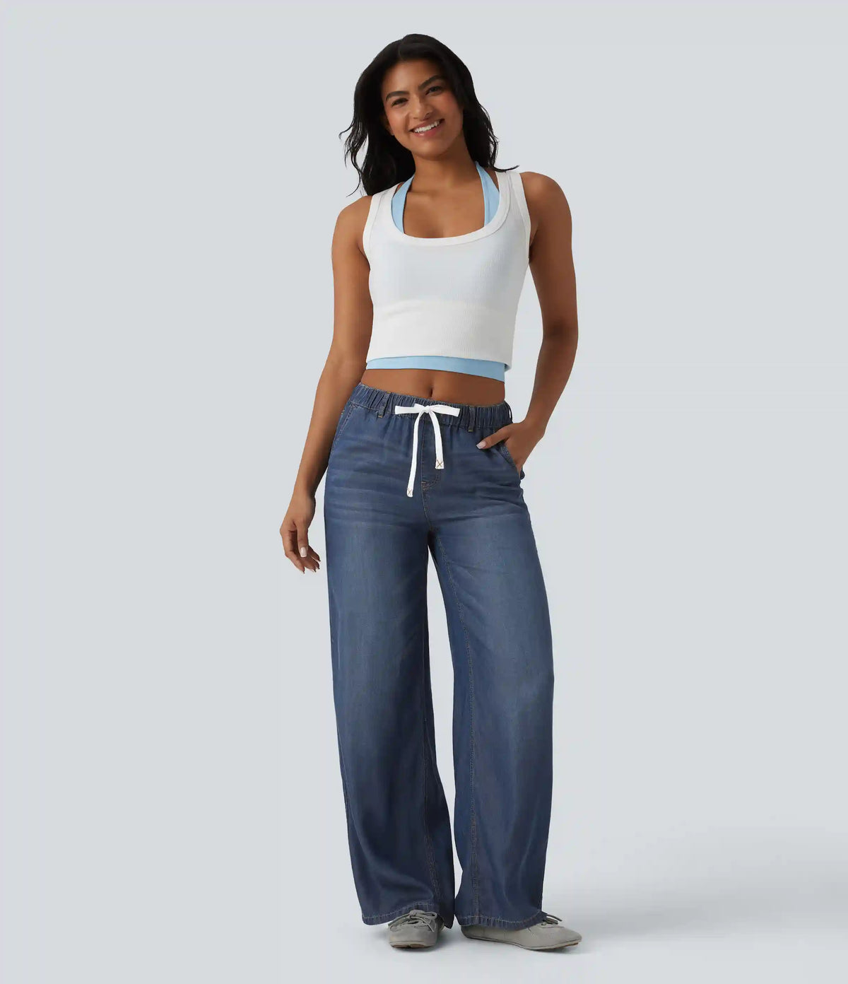 Mid Rise Drawstring Casual Jeans with Pockets