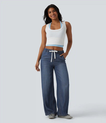 Mid Rise Drawstring Casual Jeans with Pockets