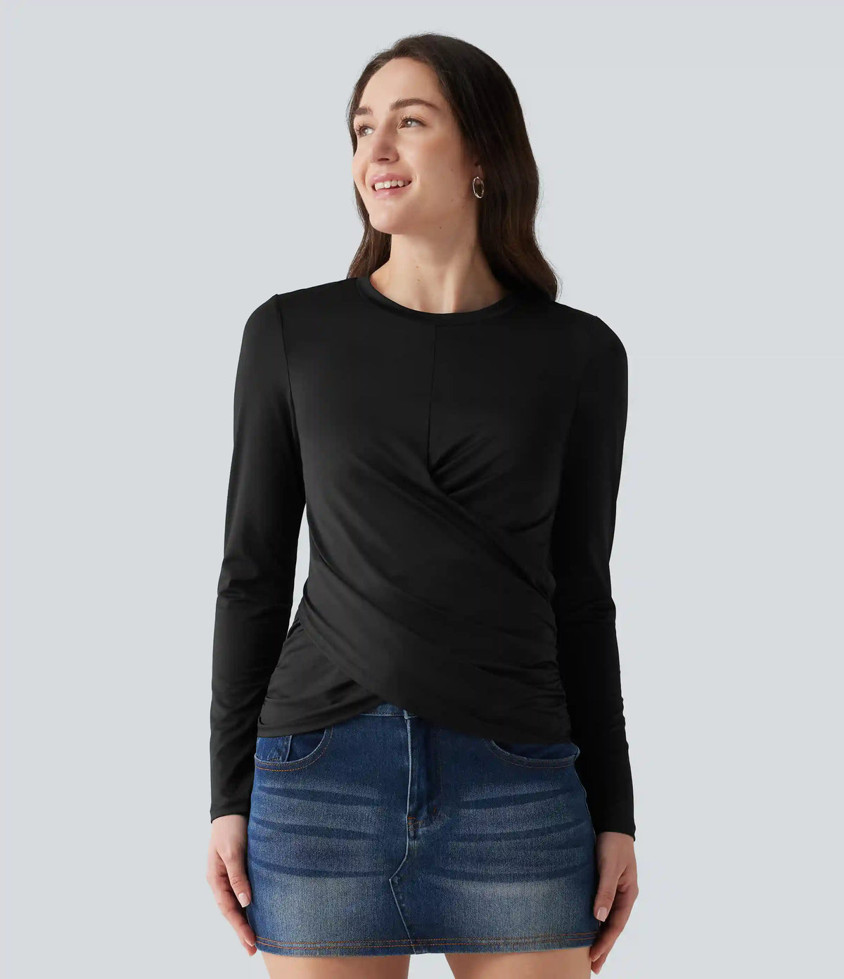Round Neck Long Sleeve Crossover Hem Casual Top