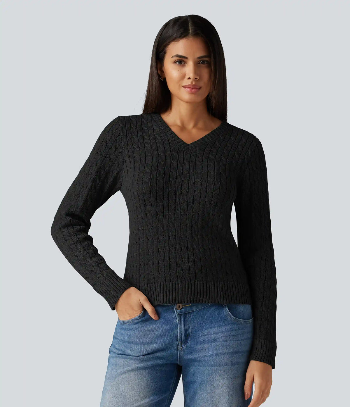 Cable Knit V Neck Long Sleeve Work Sweater