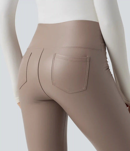 High Waisted Tummy Control Stretchy PU Fleece 7/8 Skinny Casual Leggings with Pockets