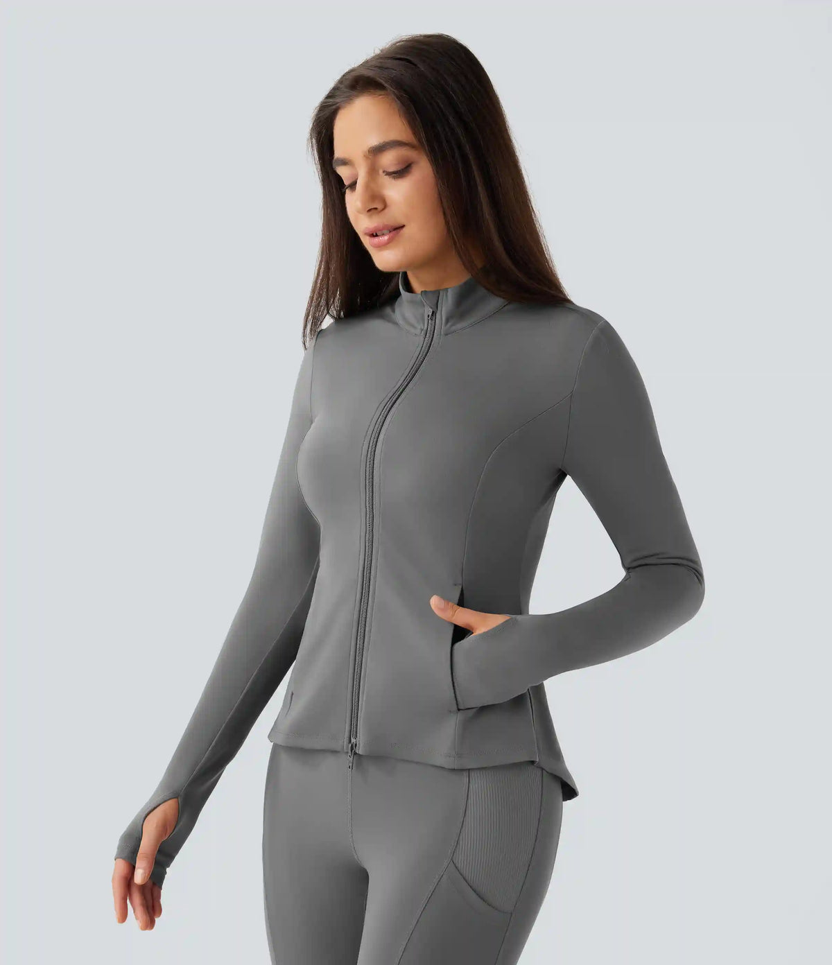 SoftlyZero™ Stand Collar Thumb Hole Pockets Pleated Zipper Slim Jacket