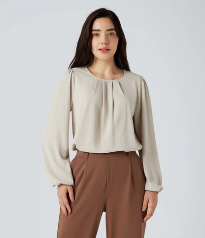 Round Neck Keyhole Back Puff Sleeve Curved Hem Relaxed Work Blouse