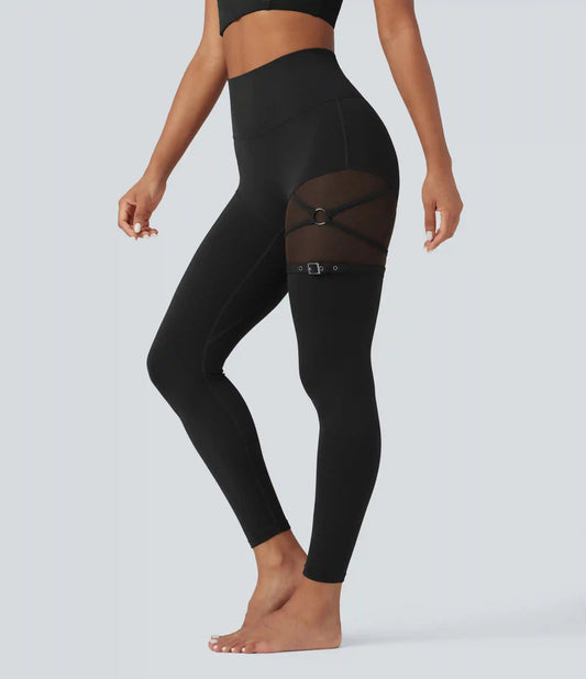 SoftlyZero™ High Waisted Contrast Mesh Adjustable Buckle Dance Leggings with Pocket