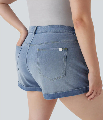 Halara Flex™ Mid Rise Zipper Pockets Denim Casual Plus Size Shorts 3''