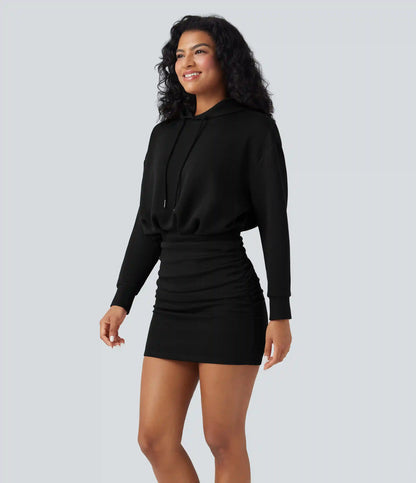 SpacerTek™ Long Sleeve Ruched Bodycon Mini Casual Hoodie Dress