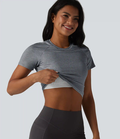 Round Neck Short Sleeve Built-in Bra Yoga Sports Top