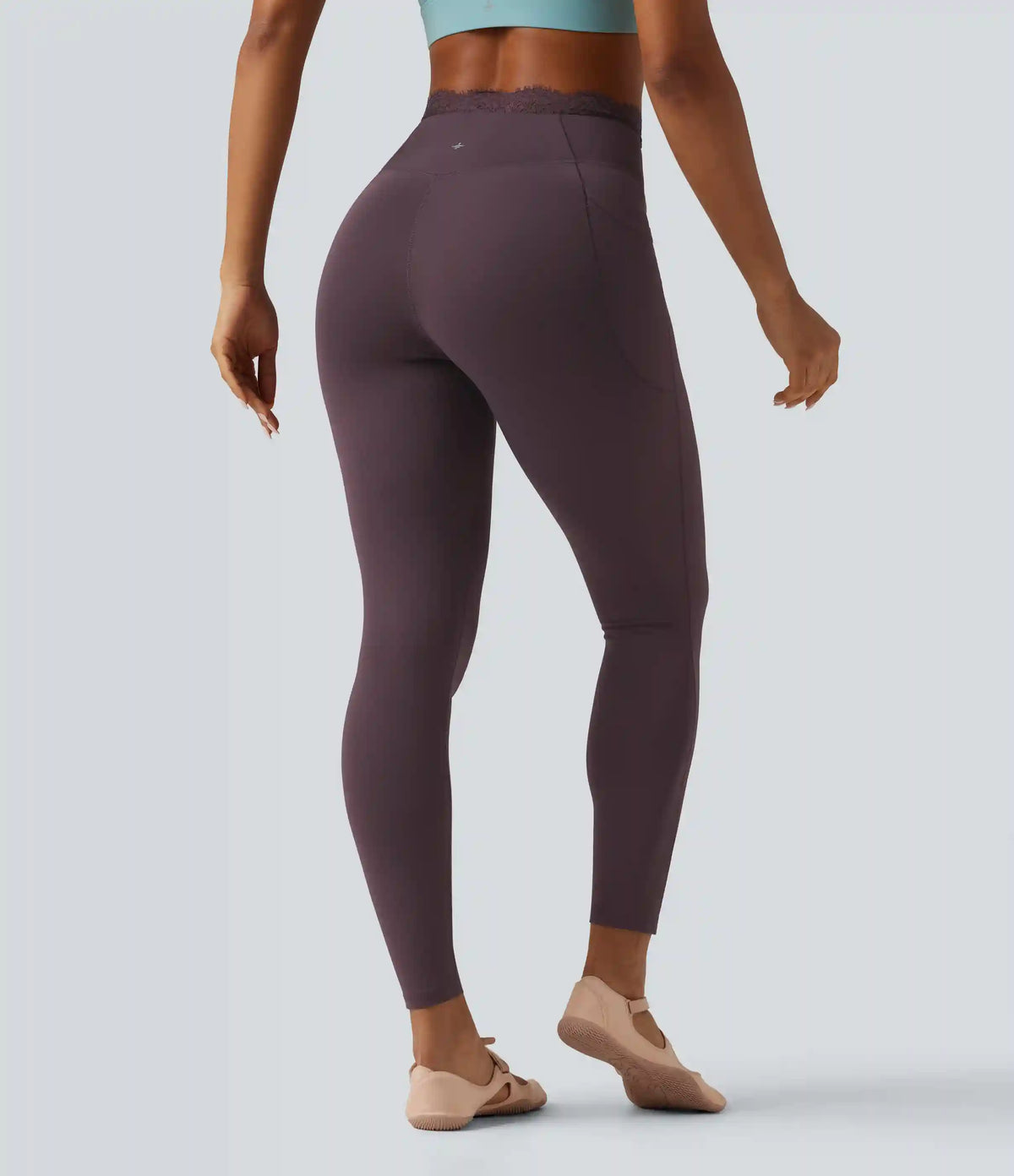 SoftlyZero™ High Waisted Crossover Contrast Lace Yoga Leggings with Pockets