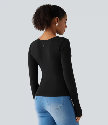 Boat Neck Long Sleeve Ruched Asymmetric Hem Thermal Casual Top