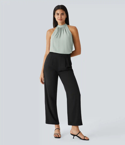 Keyhole Back Halter Sleeveless Curved Hem Work Blouse