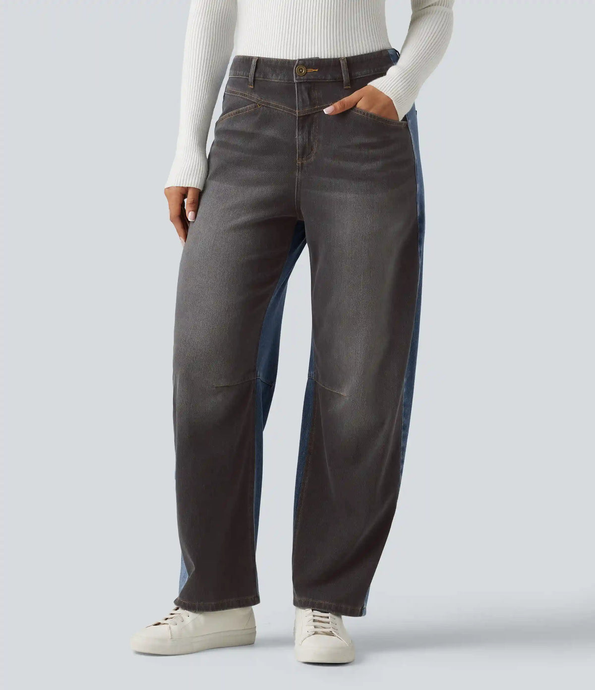 Halara Flex™ Mid Rise Barrel Leg Color Block Casual Jeans with Pockets
