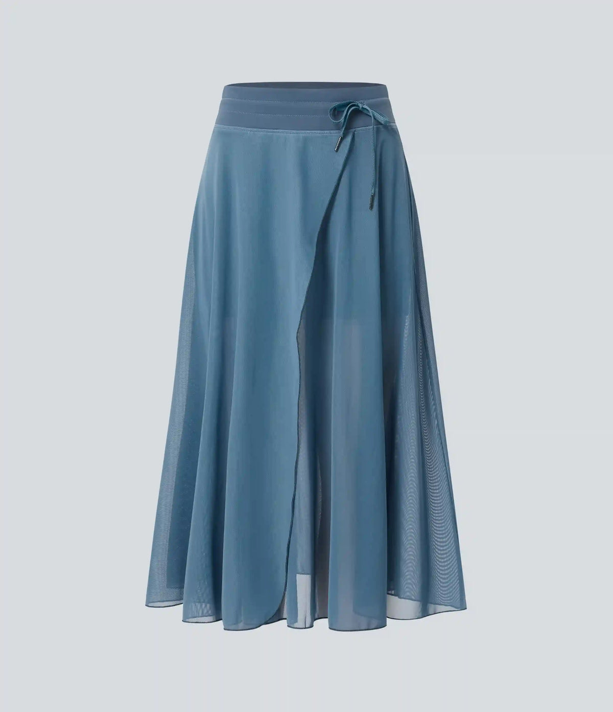 High Waisted Drawstring Contrast Mesh 2-in-1 Pocket Flowy Midi Flare Casual Skirt