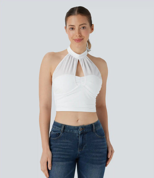 Halter Tie Back Cut Out Contrast Mesh Cropped Casual Top