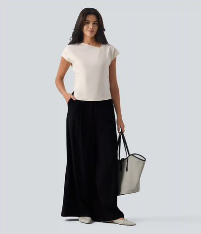 Asymmetric Cowl Neck Short Sleeve Ruched Split Hem Work Blouse
