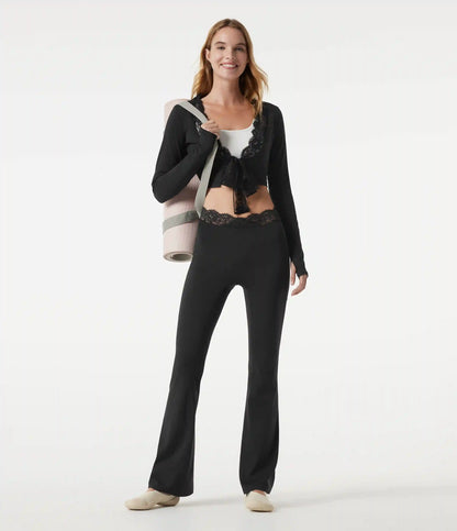 SoftlyZero™ Plush Long Sleeve Thumb Hole Tie Front Contrast Lace Cropped Yoga Sports Top