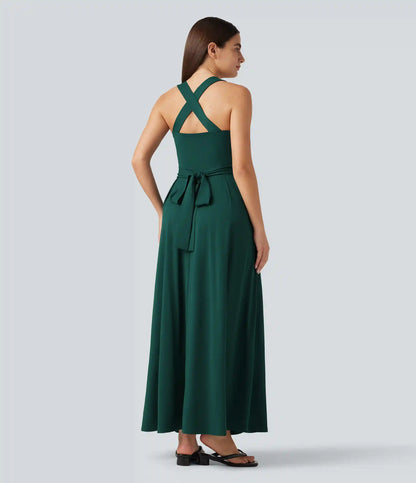 Sweetheart Neck Sleeveless Crisscross Tie-back Maxi Casual Flowy Dress with Pockets