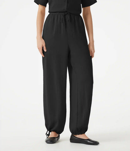 High-waisted Drawstring 2-in-1 Work Linen-Blend Barrel Leg Pants with Pockets