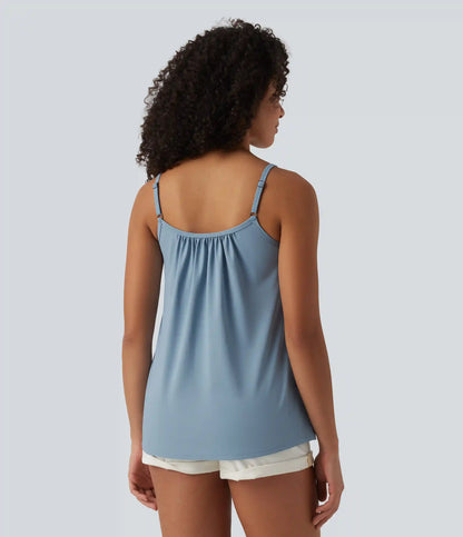 Adjustable Straps Ruched 2-in-1 Built-in Bra Casual Cami Top