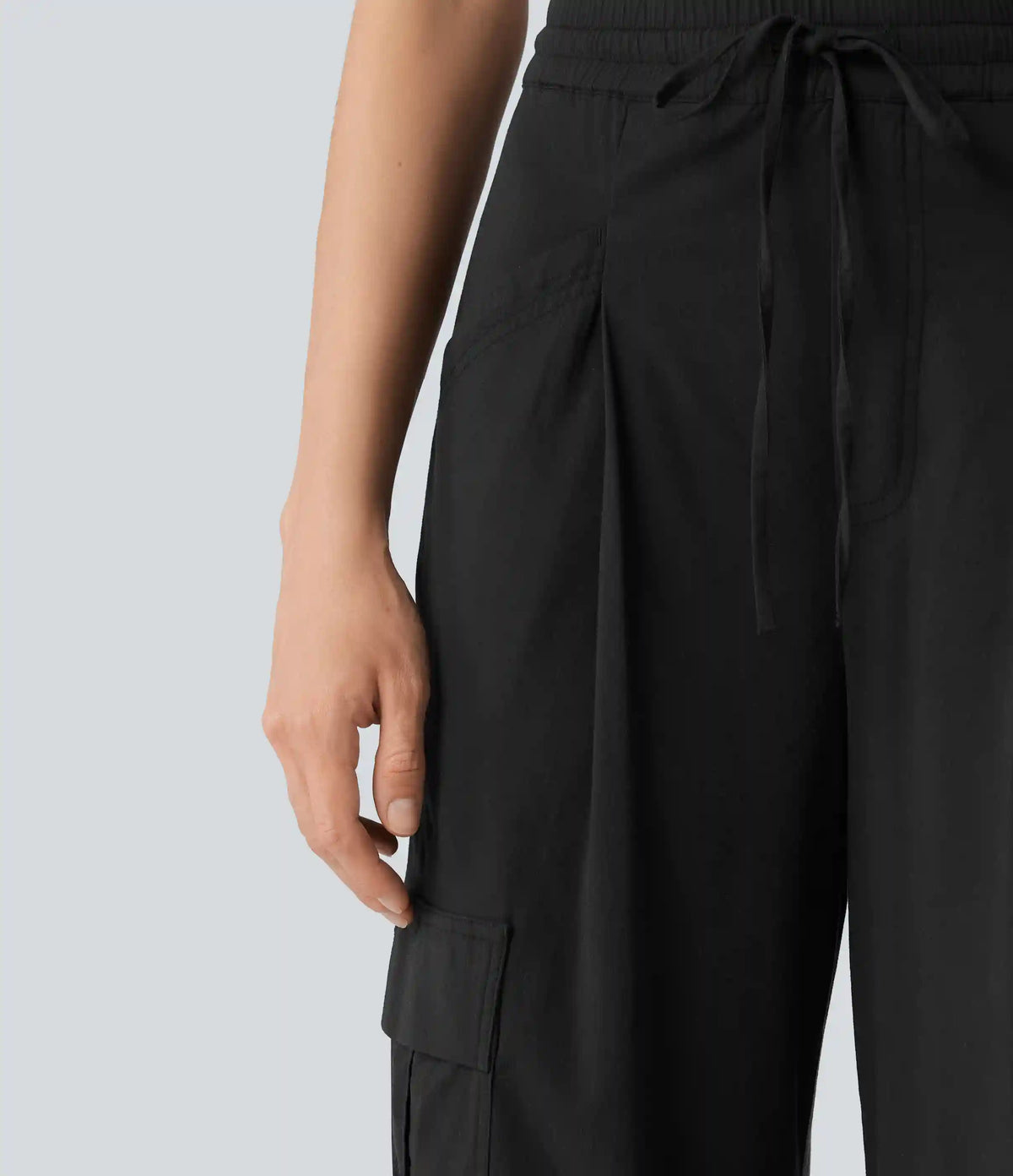 Mid Rise Drawstring Straight Leg Casual Stretch Linen Cargo Pants with Pockets