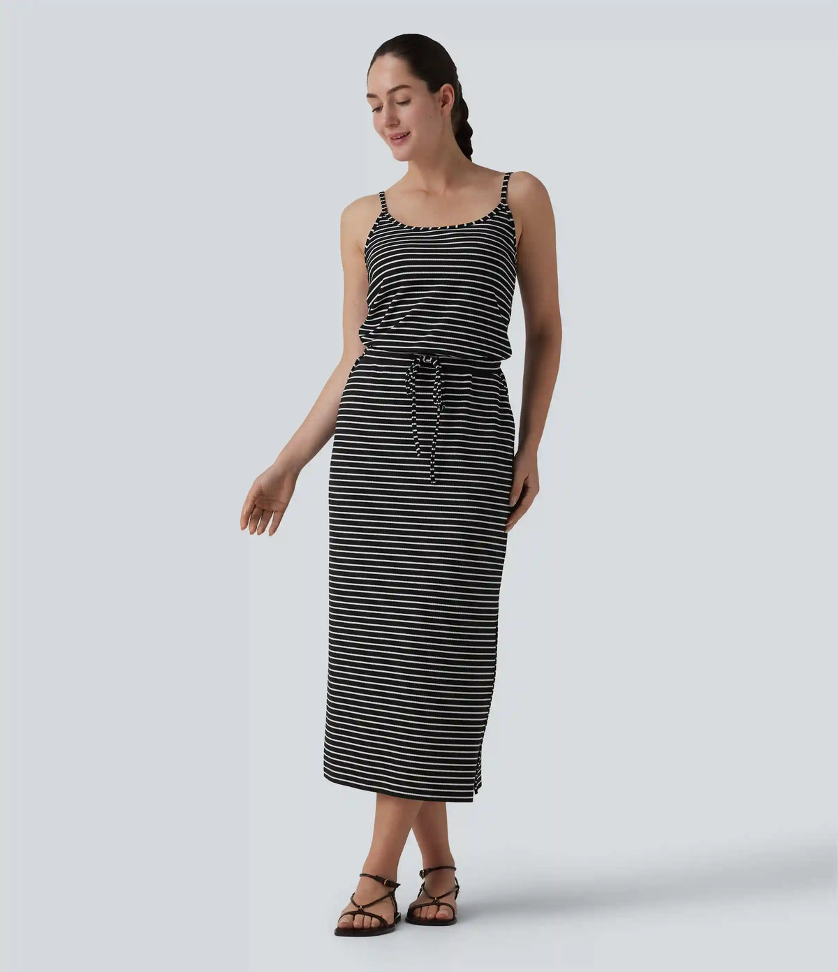 Built-in Bra Drawsting Stripe Midi Casual Dress with Pockets