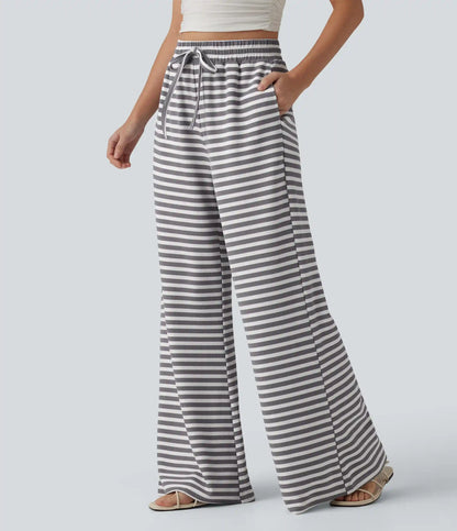 High Waisted Drawstring Stripe Waffle Wide Leg Casual Pants with Pockets