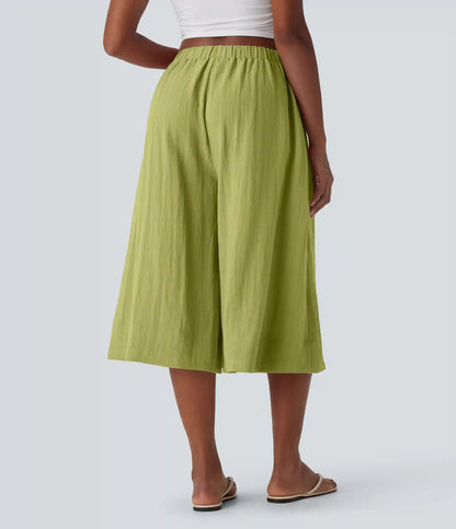 Mid Rise Wide Leg Flowy Linen-Feel Pants with Pocket