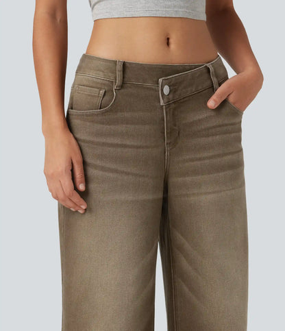 Low Rise Asymmetric Wide Leg Colorful Casual Jeans with Pockets