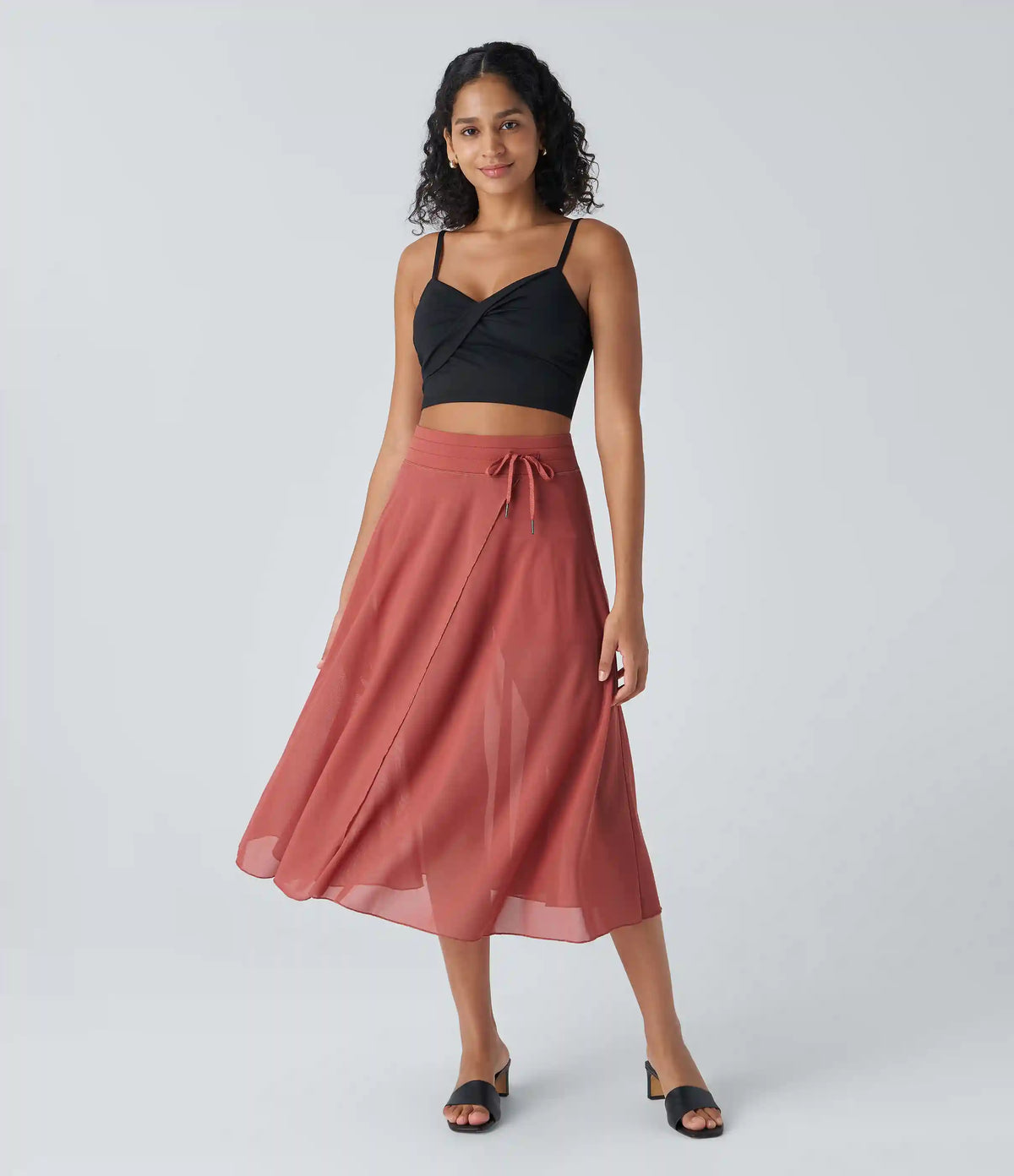 High Waisted Drawstring Contrast Mesh 2-in-1 Pocket Flowy Midi Flare Casual Skirt