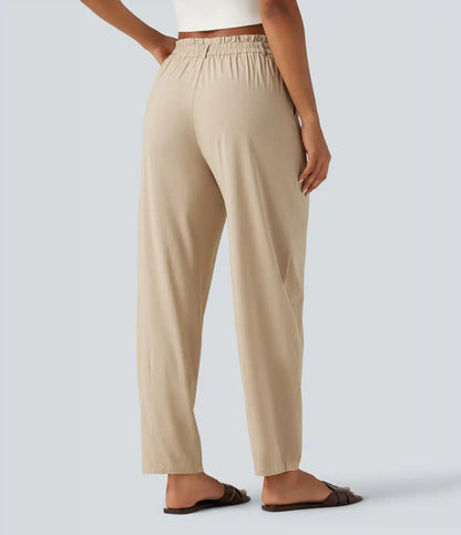High Waisted Tapered Casual Stretch Linen Pants with Pockets
