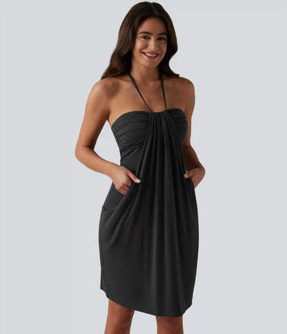 Halter Tie Back Built-in Bra Longer Mini Dress with Pockets