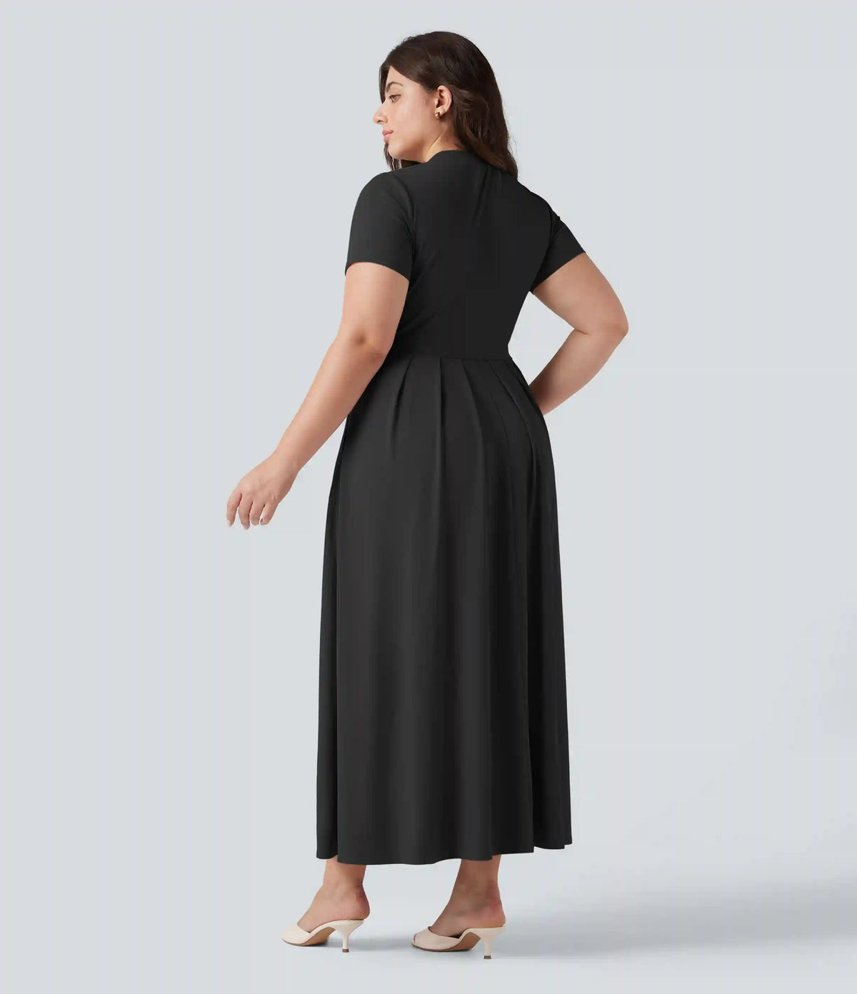 Plus Size Stand Collar Short Sleeve Flare Maxi Casual Dress with Pockets