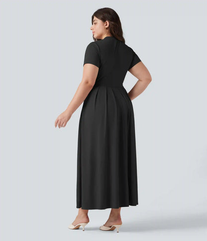 Plus Size Stand Collar Short Sleeve Flare Maxi Casual Dress with Pockets