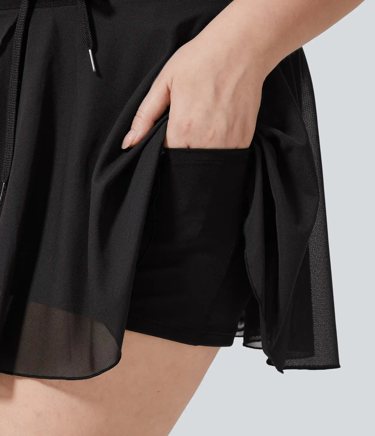 High Waisted Drawstring Contrast Mesh 2-in-1 Pocket Flowy Mini Flare Casual Plus Size Skirt