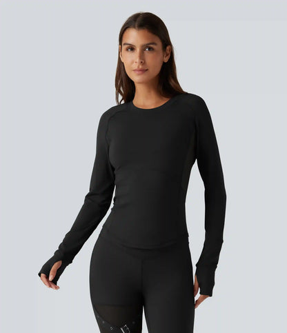 Round Neck Long Sleeve Contrast Mesh Thumb Hole Curved Hem Quick Dry Yoga Sweatshirt