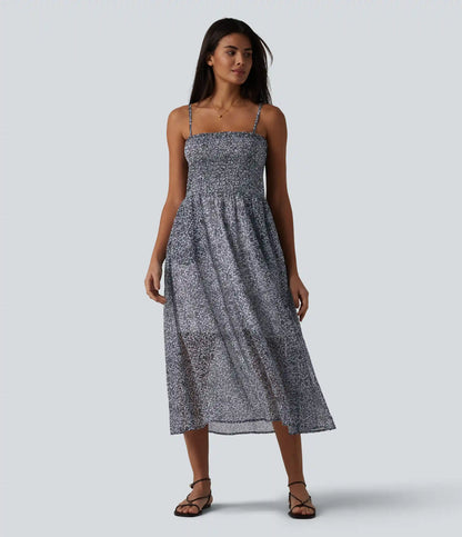 Adjustable Straps Shirred Ditsy Floral Print Chiffon Flowy Midi Casual Slip Dress with Pockets