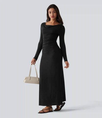 Ribbed Cowl Neck Contrast Lace Long Sleeve Maxi Casual Dress