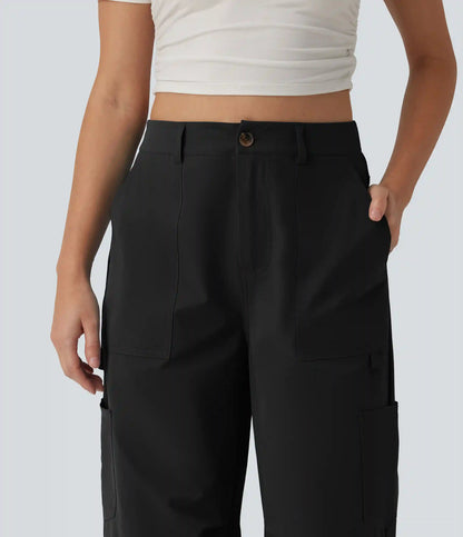 High Waisted Straight Leg Stretchy Poplin Casual Cargo Pants with Pockets