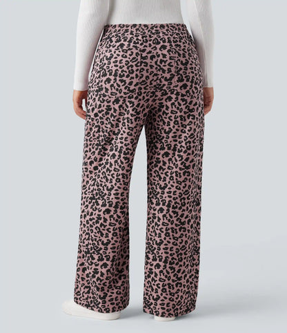 High Waisted Leopard Print Corduroy Casual Baggy Pants with Pockets