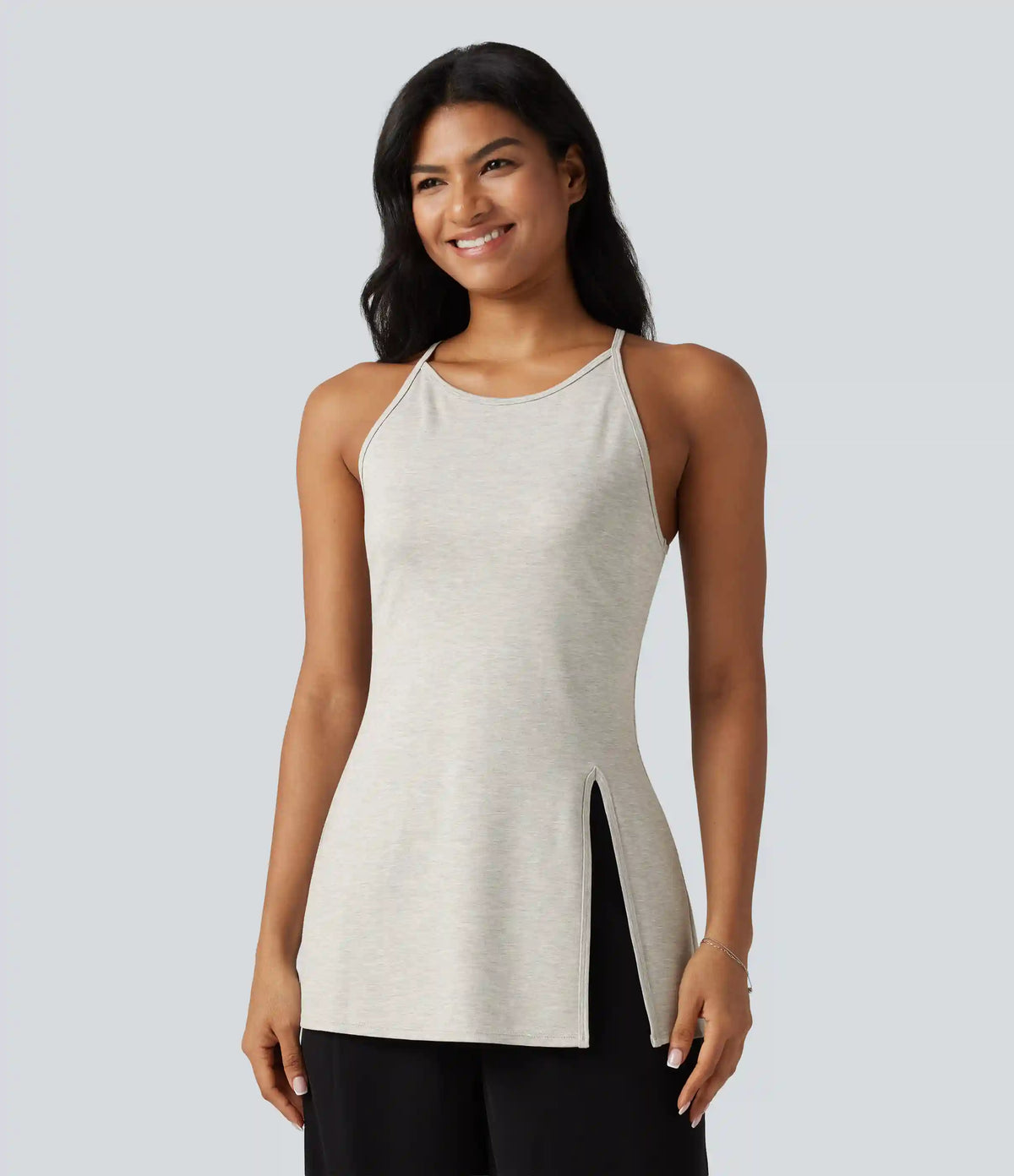 Round Neck Split Hem Slim Casual Tank Top