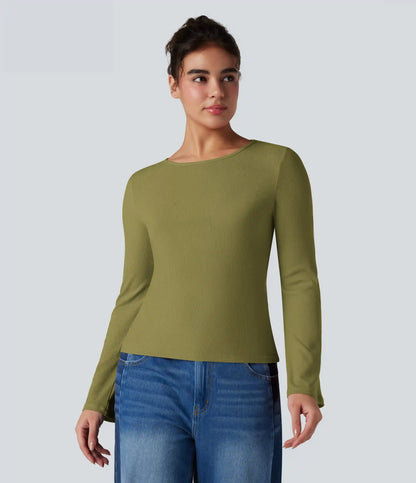 Ribbed Knit Round Neck Flounce Long Sleeve Casual Top