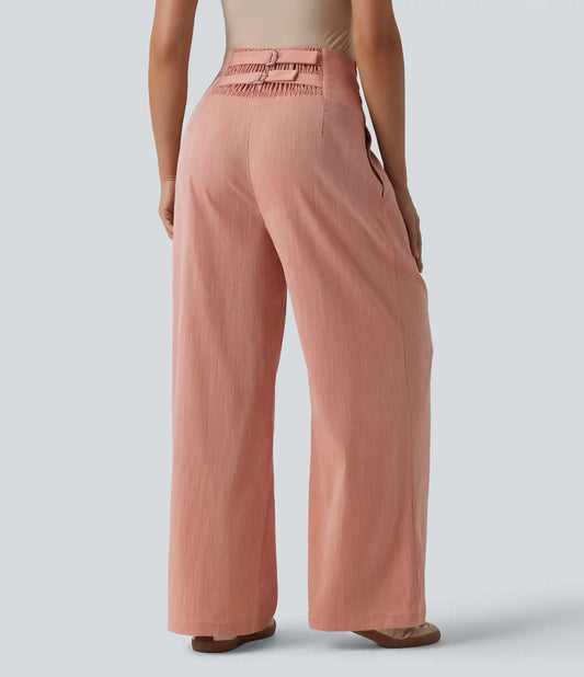 Adjustable Super High Waisted Shirred Wide Leg Casual Linen-Feel Pants with Pockets