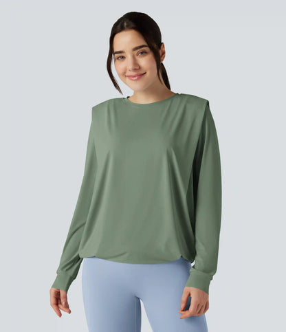 Round Neck Long Sleeve Ruched Yoga Sports Top-UPF50+