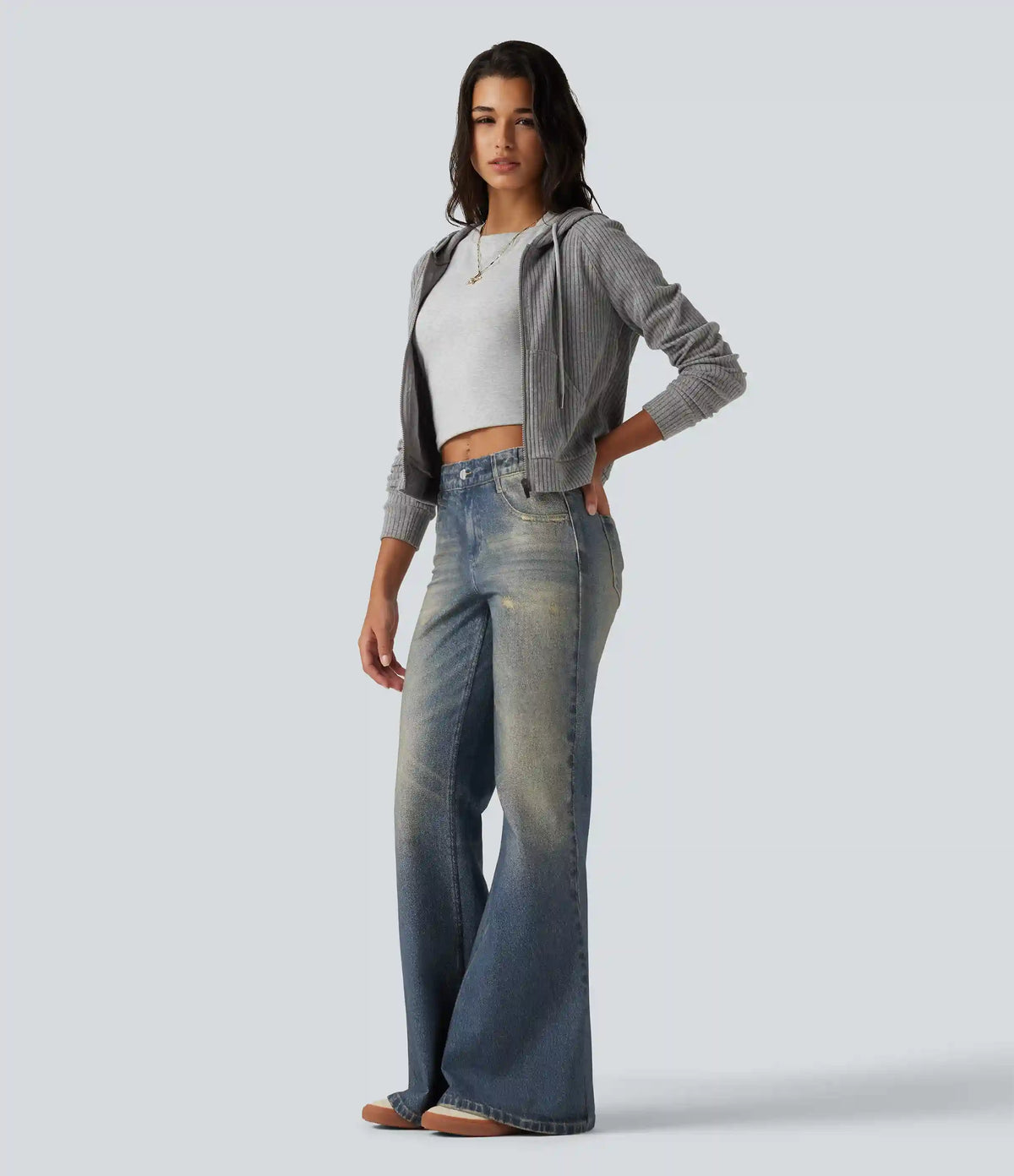 Mid Rise Denim Print Casual Flare Jeans with Pockets
