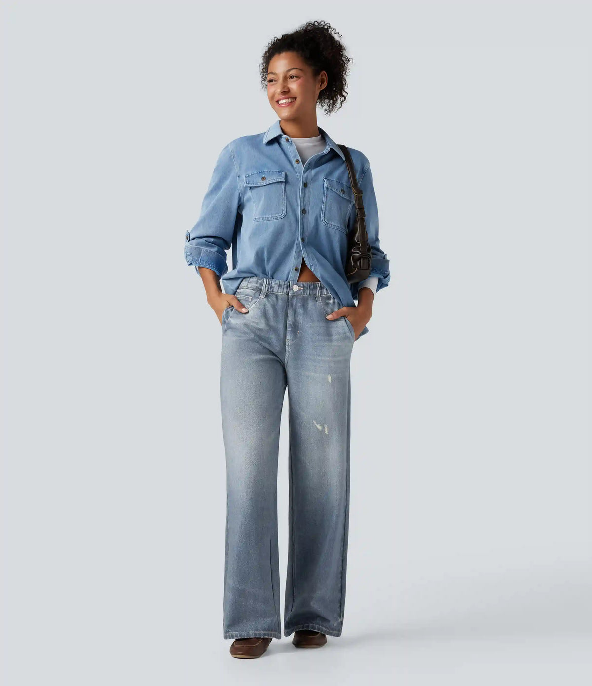 Mid Rise Denim Print French Terry Casual Sweatpants Jeans with Pockets