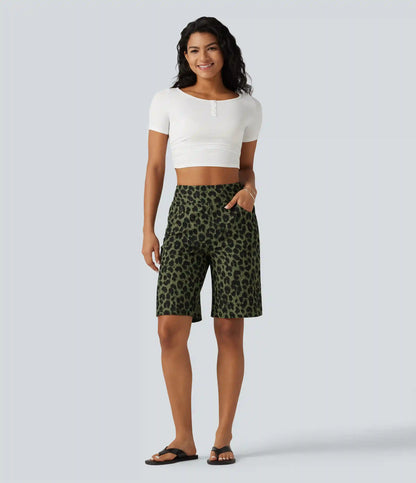 High Waisted Leopard Waffle Casual Baggy Bermuda Shorts 10'' with Pockets