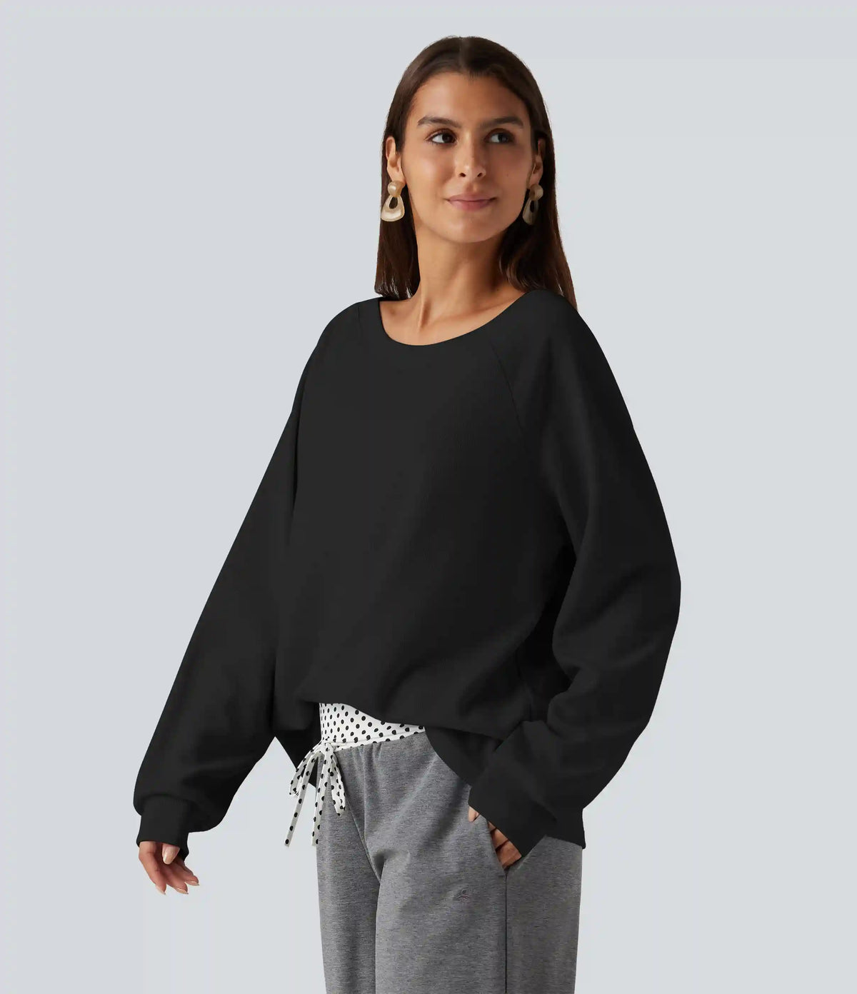 Boat Neck Raglan Long Sleeve Built-in Bra Casual Cotton Sweatshirt