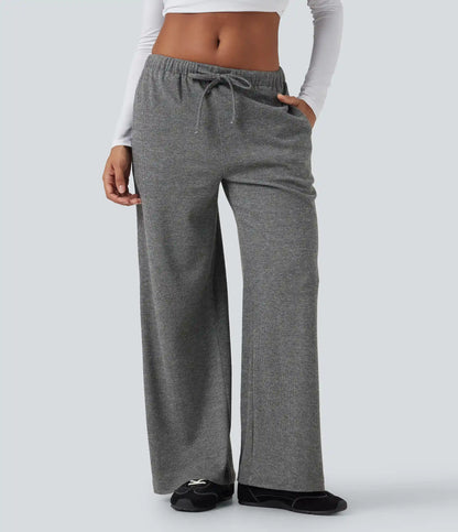 Ribbed Knit Low Rise Drawstring Casual Baggy Pants with Pockets