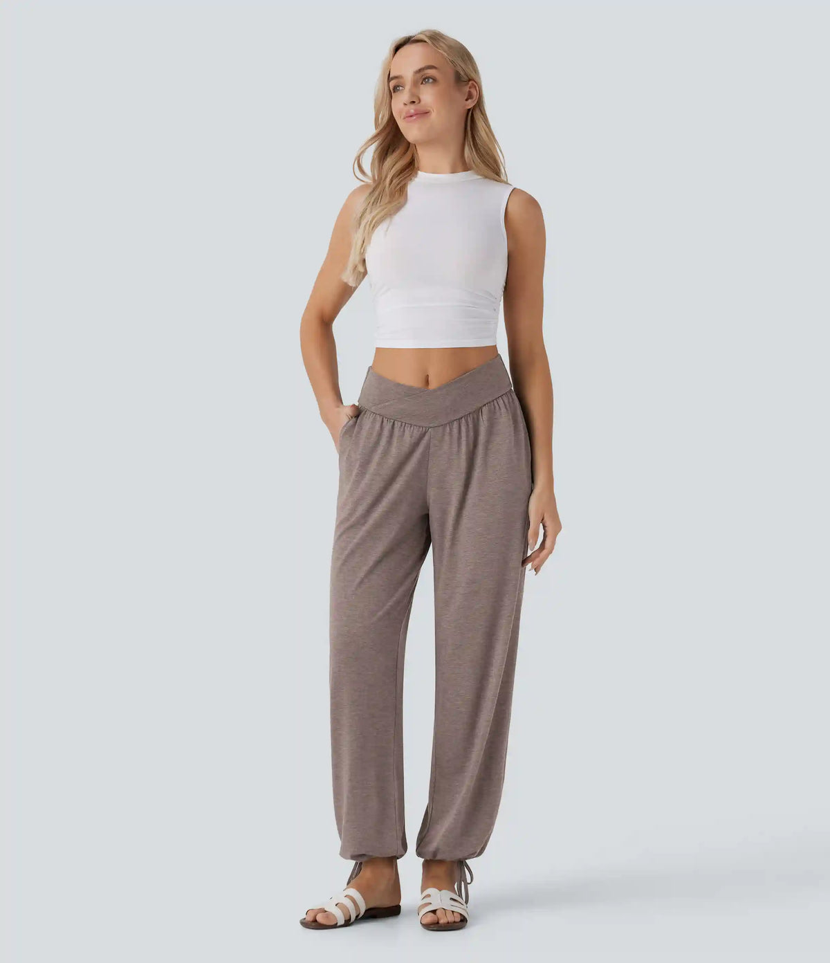 Crossover High Waisted Pocket Drawstring Casual Joggers