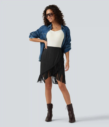 High Waisted 2-in-1 Fringe Hem Midi Suede Party Skirt